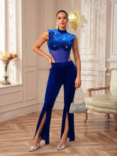JIAN LASALA Designer Women's Blue Glitter Dots And Sheer Mesh Blocked Mock Neck Party Bodysuit